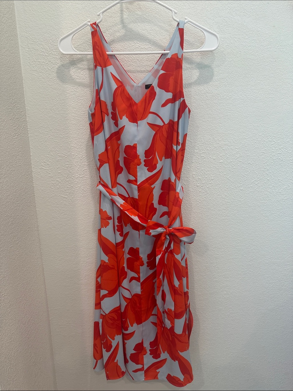 Ann Taylor Sleeveless V-Neck Wrap Dress in Light Blue with Bold Orange Floral